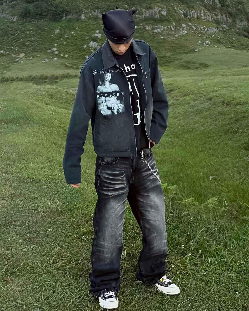 復古 凌亂 貓抓 水洗 直筒 牛仔 長褲 牛仔褲