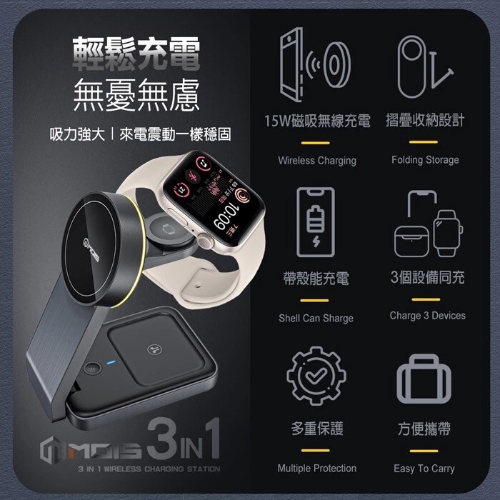 【現貨】MOIS 摩世 充電盤 折疊式 三合一 磁吸 充電座 白色