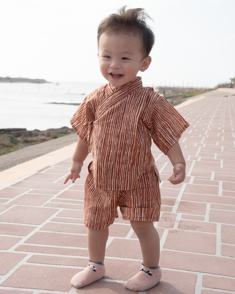 印度蓋染工藝純棉 小孩和服套裝 - 晚霞紅