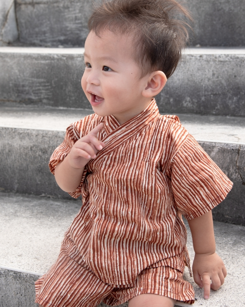 印度蓋染工藝純棉 小孩和服套裝 - 晚霞紅