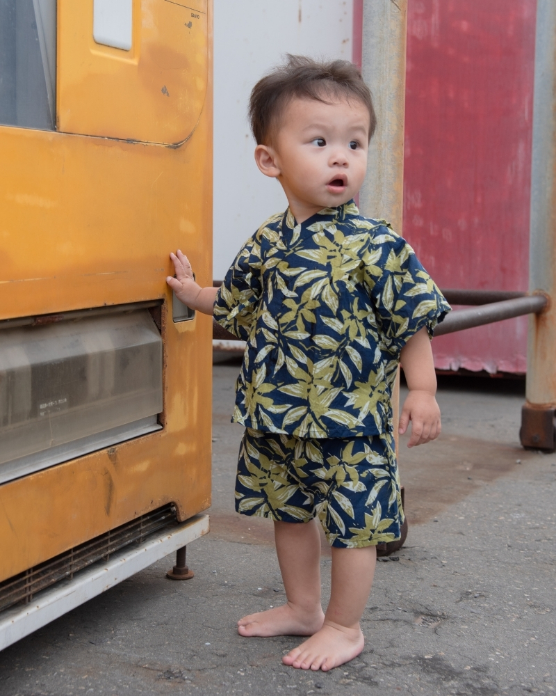 印度蓋染工藝純棉 小孩和服套裝 - 竹葉藍