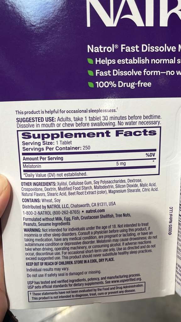 VV039 美國COSTCO NATROL 褪黑素5MG速溶口服片250片(士多啤梨味) EXP: 10.2027