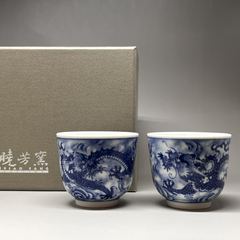 茶香自在】曉芳窯蔡曉芳大師手繪龍紋滿版青花瓷沐月杯對杯禮盒裝