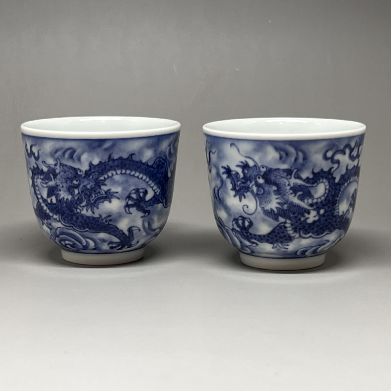 茶香自在】曉芳窯蔡曉芳大師手繪龍紋滿版青花瓷沐月杯對杯禮盒裝