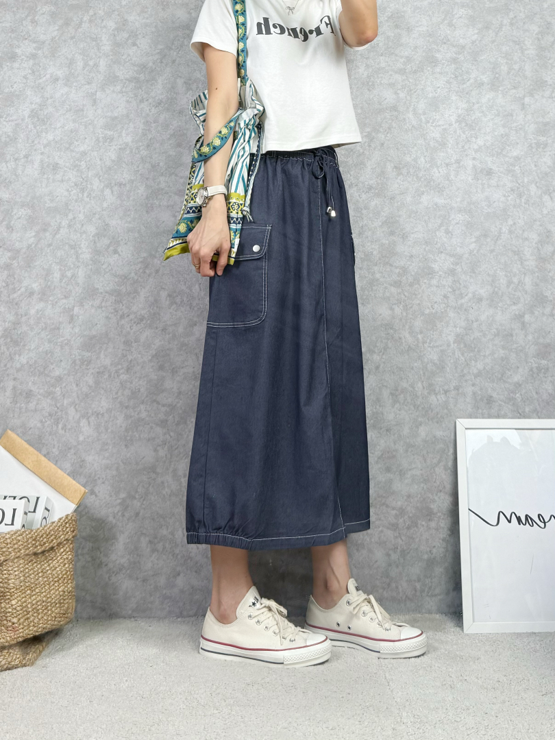 輕薄棉後開衩A字長裙｜鬆緊腰大口袋顯瘦花苞休閒裙 預購