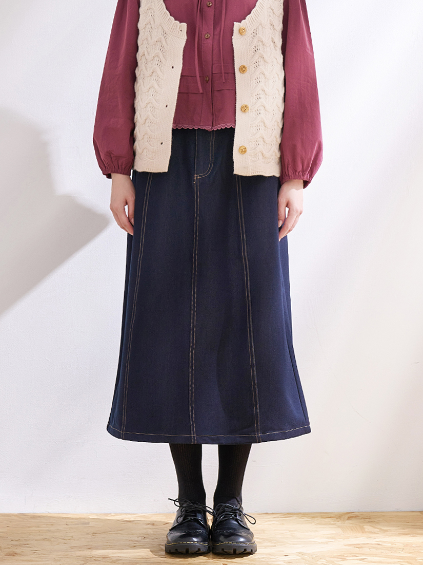 萊賽爾天絲棉鬆緊腰雙排釦後開衩A字裙