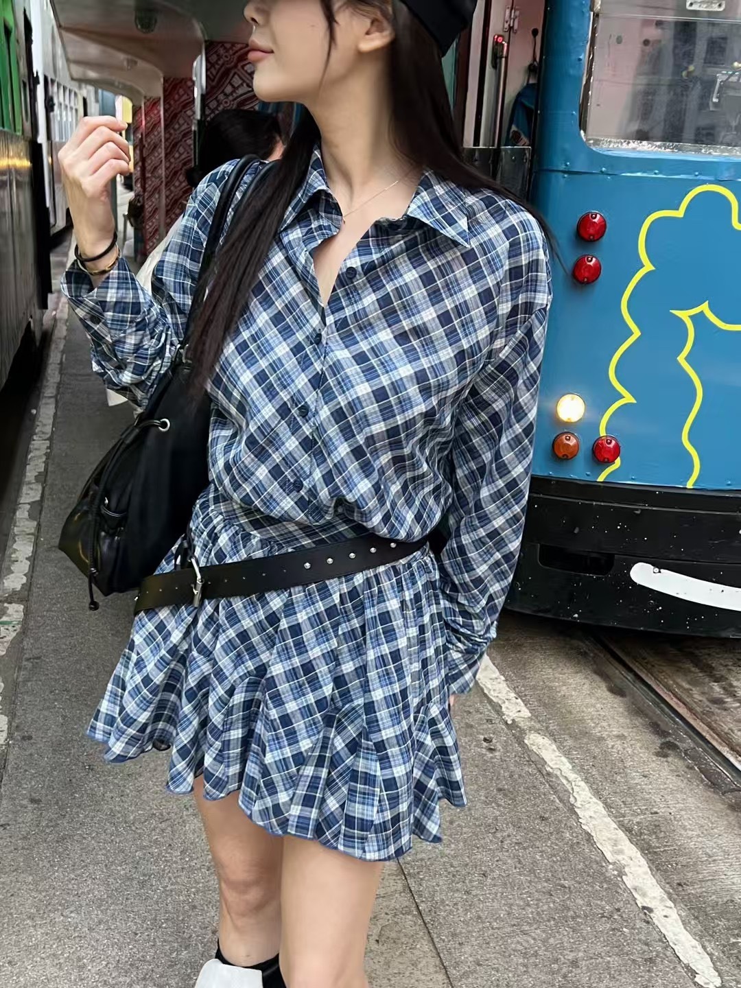 長袖格子收腰短洋裝