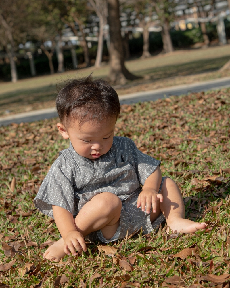印度蓋染工藝純棉 小孩和服套裝 - 芒草灰