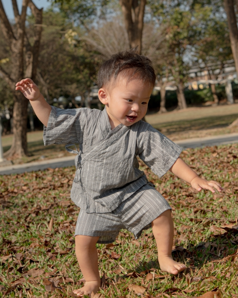 印度蓋染工藝純棉 小孩和服套裝 - 芒草灰