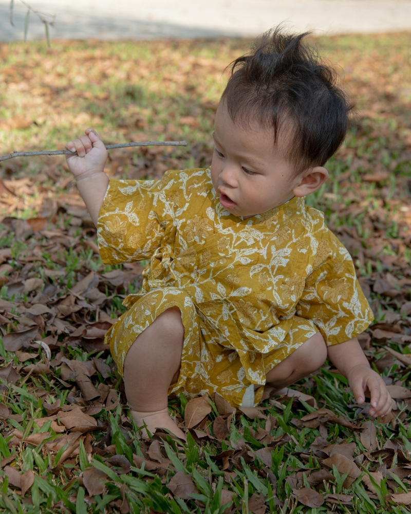 印度蓋染工藝純棉 小孩和服套裝 - 秋香黃