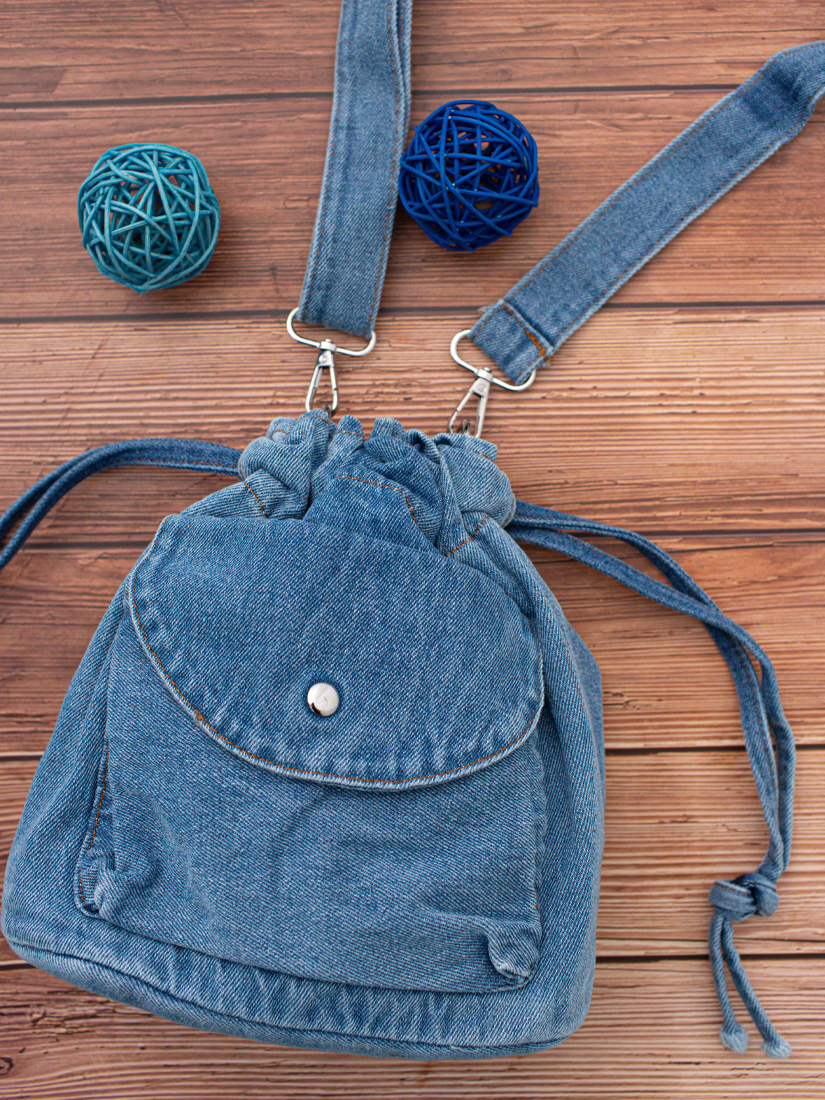 自然刷色牛仔束口小水桶包