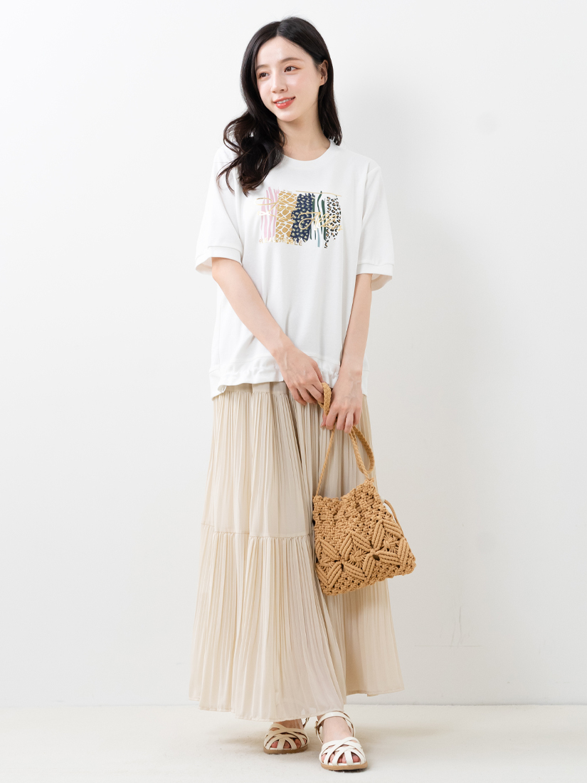 印花下擺抽皺上衣雪紡壓褶剪接蛋糕裙組合