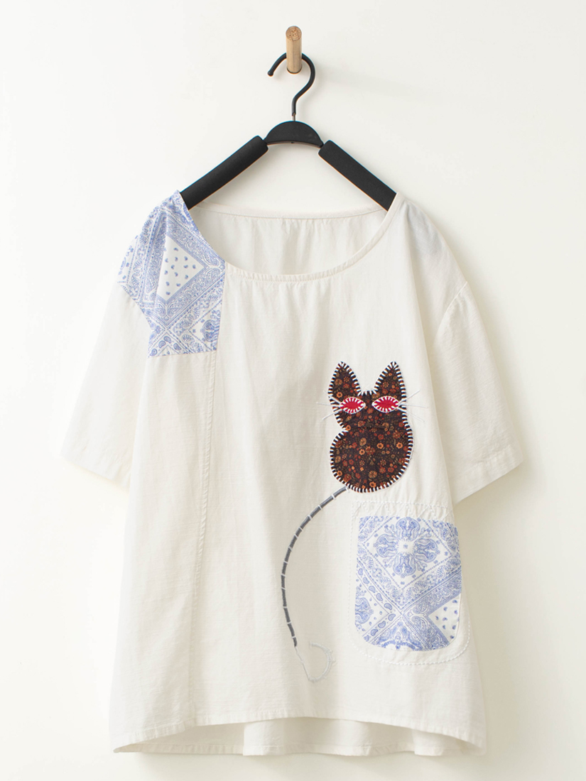 小貓口袋棉麻感上衣蛋糕薄棉牛仔長裙組合