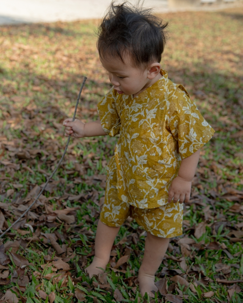 印度蓋染工藝純棉 小孩和服『禮盒組』 - 秋香黃