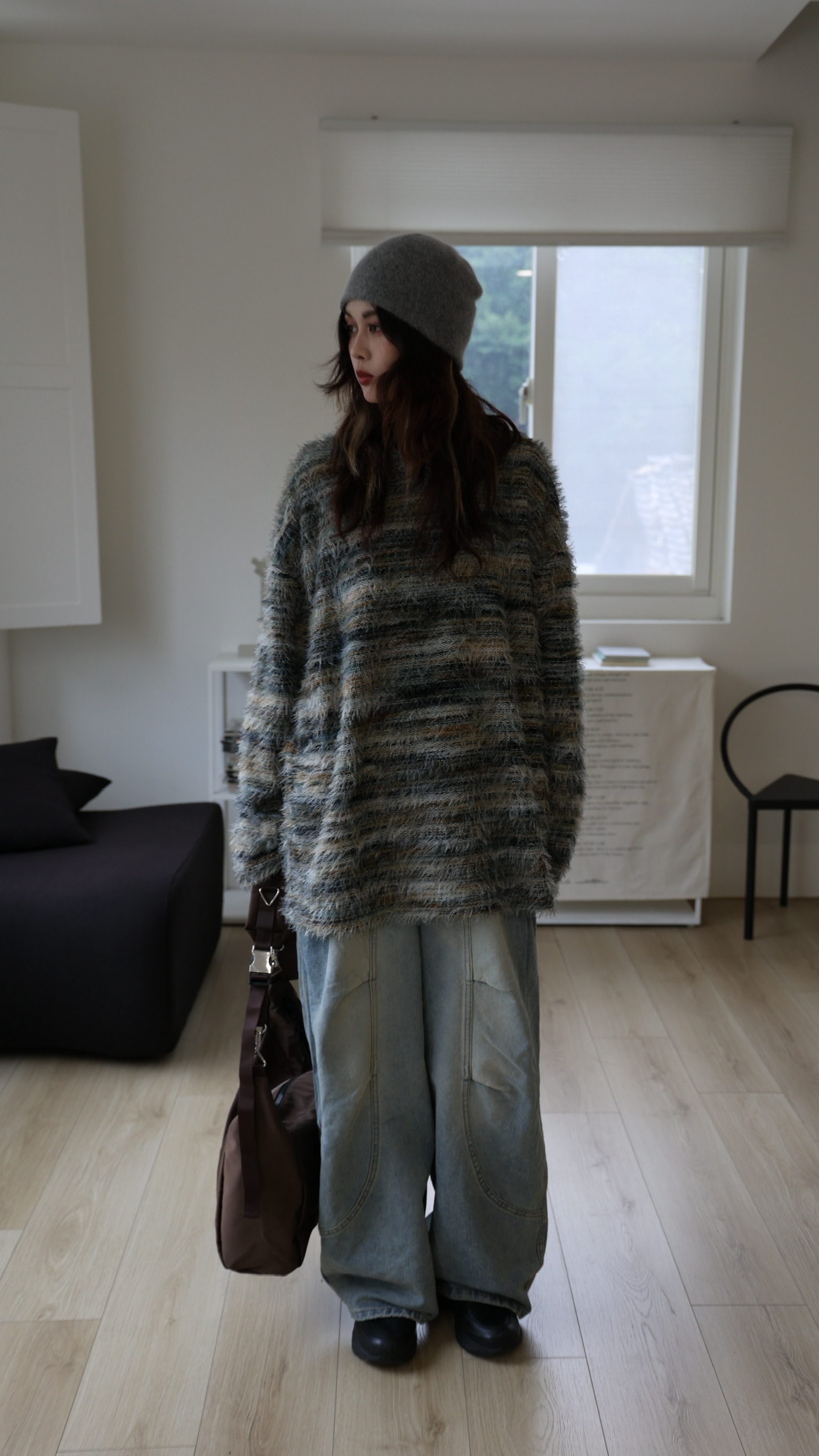 鬆緊側抓皺弧線牛仔褲