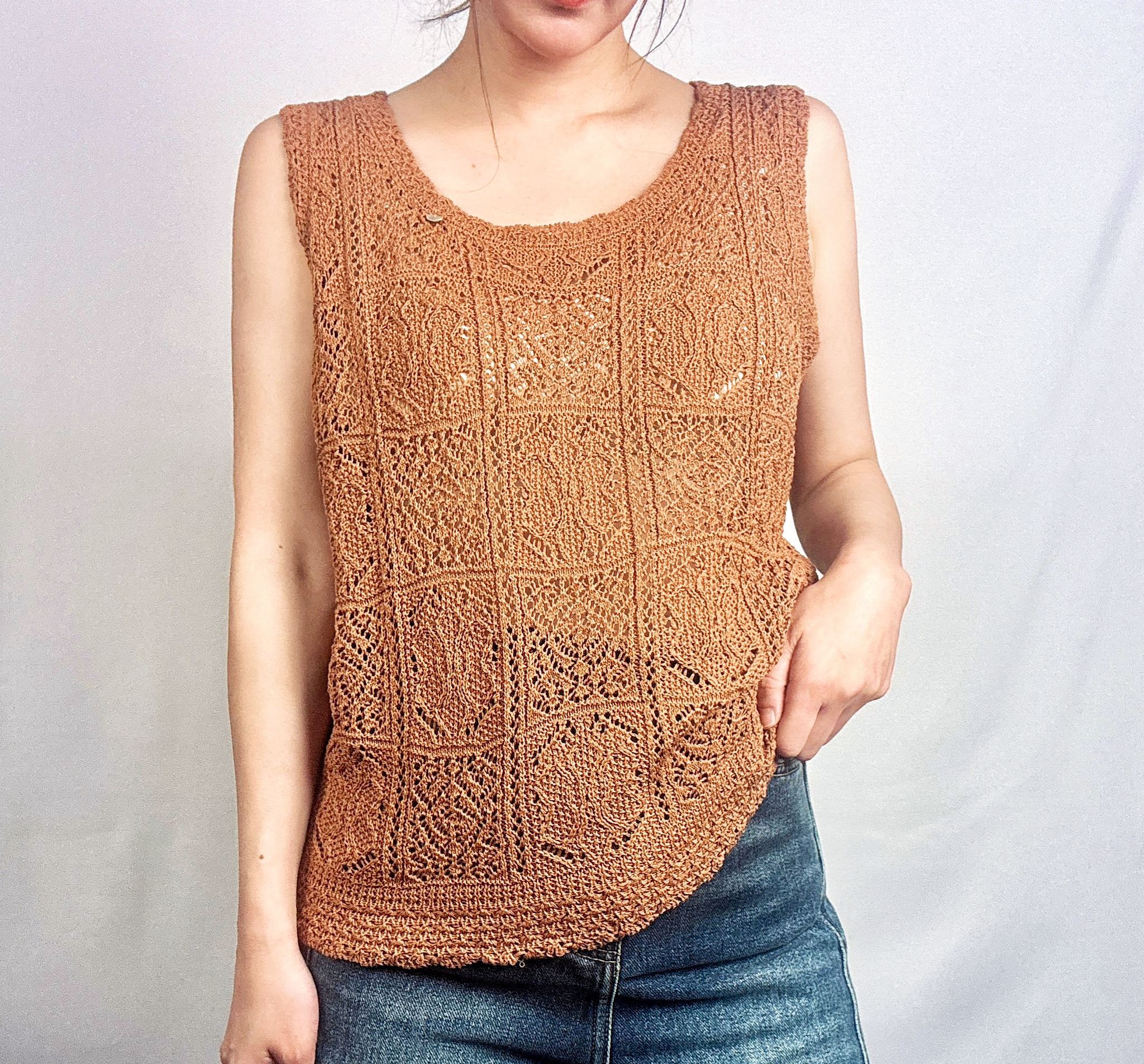 A4a G620627960 圓領鏤空勾花針織背心 - 橙色