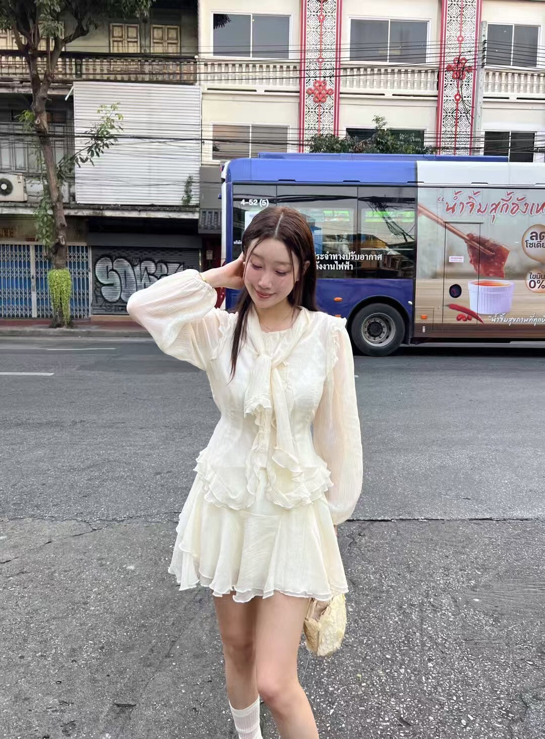 雪紡飄帶上衣  短褲裙(分售)