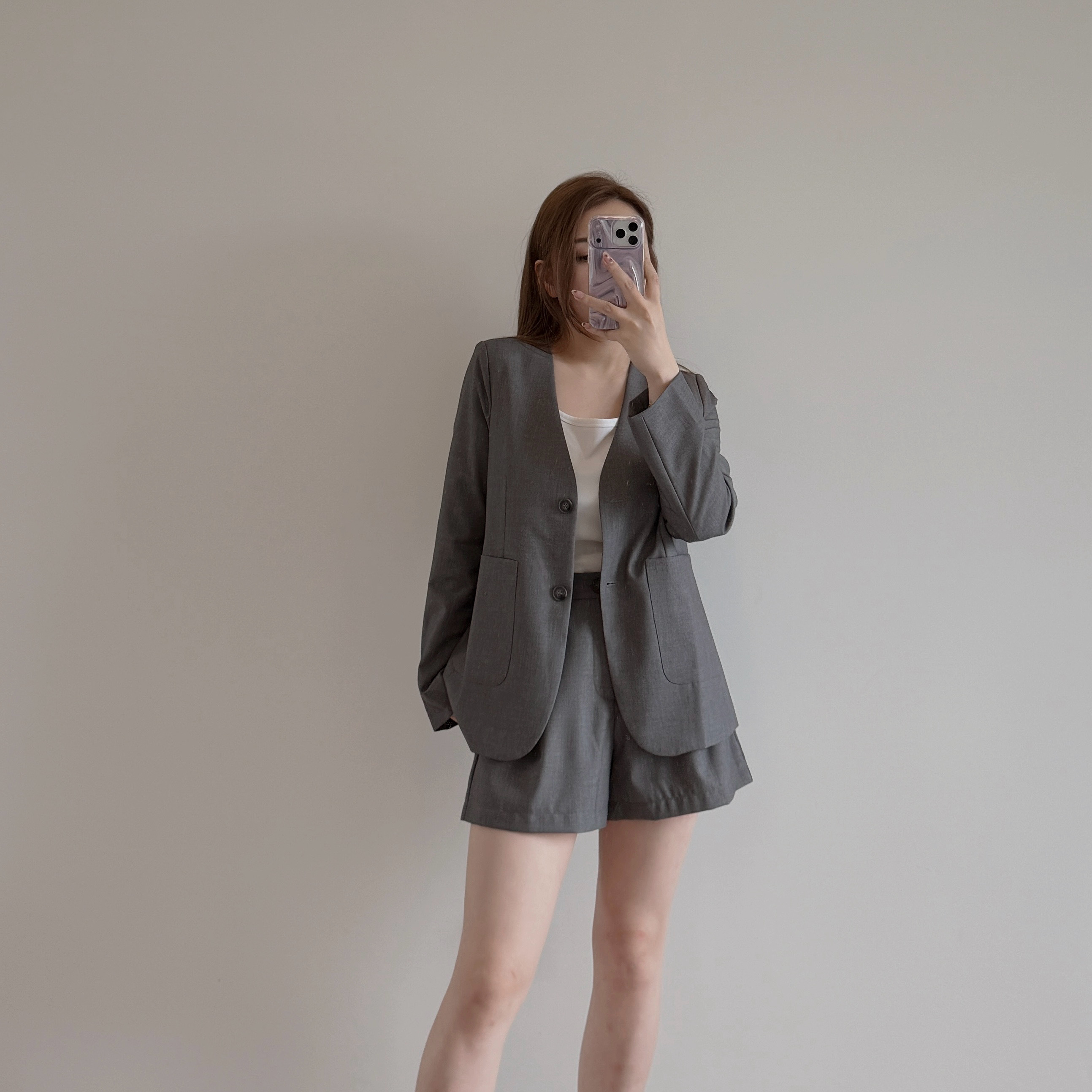 現貨 薄料無領西裝短褲套裝