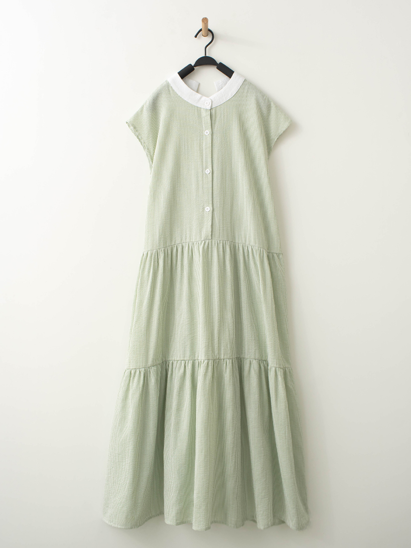 條紋泡泡布後綁帶蛋糕長洋裝