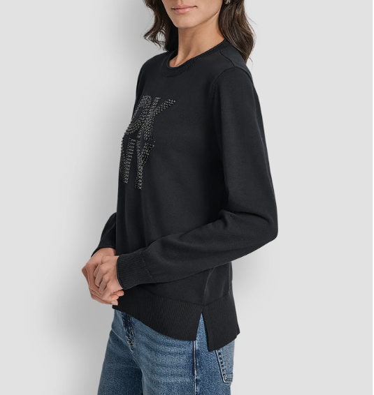 [S] DKNY BLACK BLACK DKNY STACKED RHINESTONE LOGO LONG SLEEVE CREW NECK, DJ5R0840-BLK (SD1751)