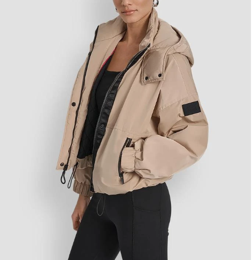 [S] DKNY TRAVERTINE/AZALEA SHORT LOGO EMBELLISHED HOODED JACKET, DP5J9595-I8D (SD1741)