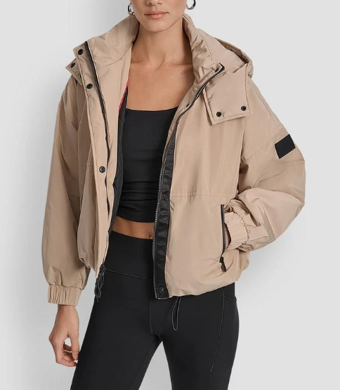 [S] DKNY TRAVERTINE/AZALEA SHORT LOGO EMBELLISHED HOODED JACKET, DP5J9595-I8D (SD1741)