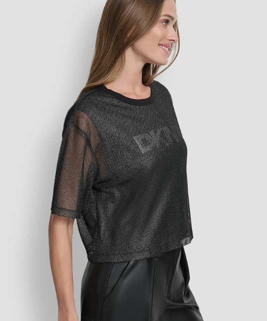 [S] DKNY BLACK SHORT SLEEVE MESH OVERLAY LOG, P5HH7CTX-BLK (SD1747)