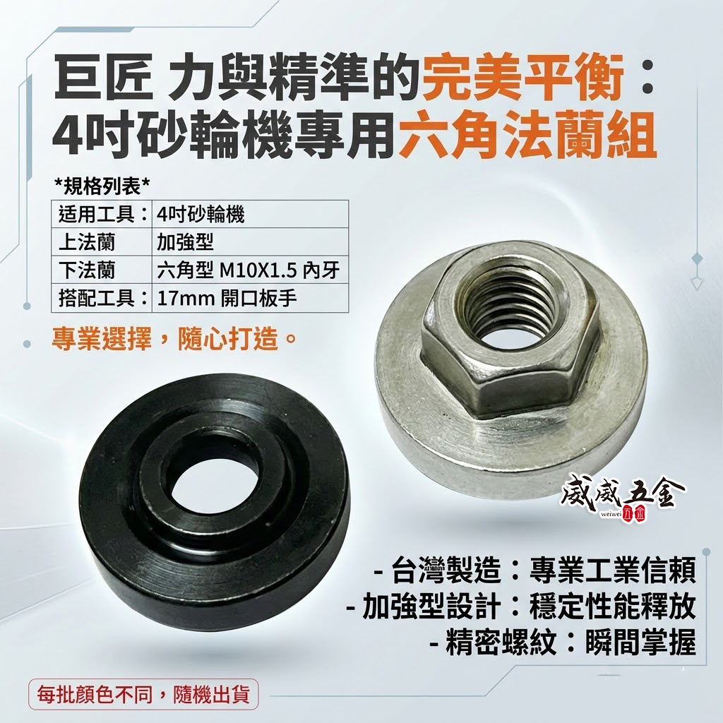 巨匠｜4" M10牙砂輪機專用六角型法蘭 上法蘭 下法蘭 不鏽鋼六角螺母 壓片 華司 螺帽 17mm｜台灣製