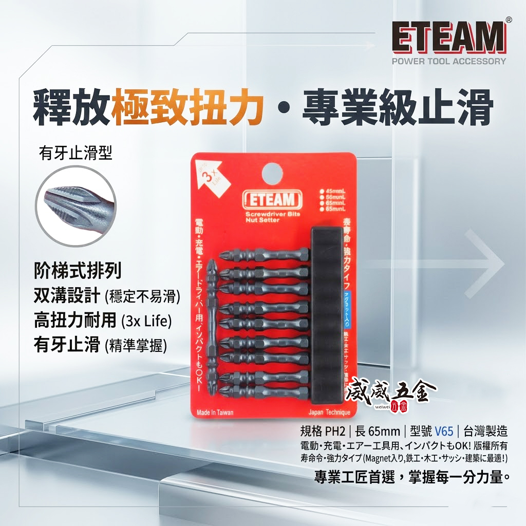 ETEAM 一等｜PH2 長65mm 雙溝+止滑+高扭力起子頭｜防打滑雙十字起子頭 雙十字頭｜V65｜台灣製