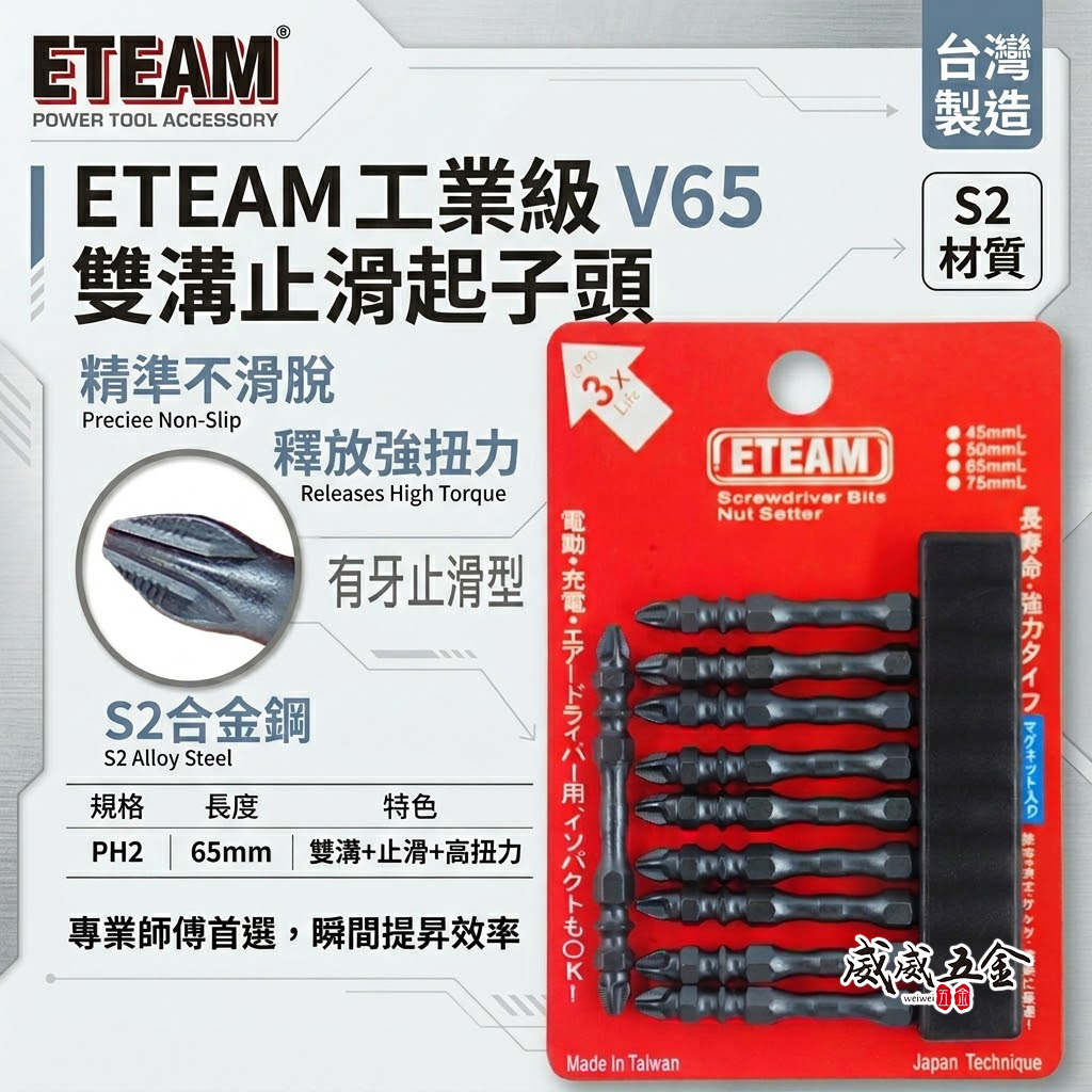 ETEAM 一等｜PH2 長65mm 雙溝+止滑+高扭力起子頭｜防打滑雙十字起子頭 雙十字頭｜V65｜台灣製