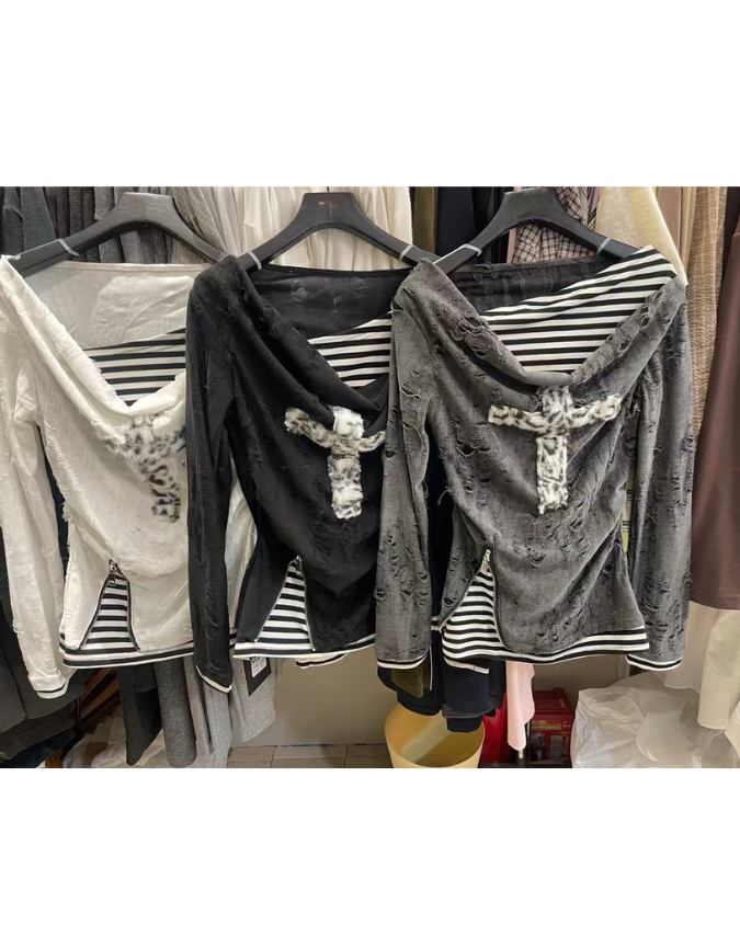 十字豹毛破壞寬條T