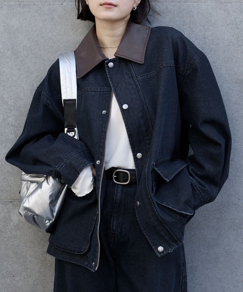 <買給女友..> 日本 MONO-MART 水洗 丹寧 皮革領 撞色 夾克 五色