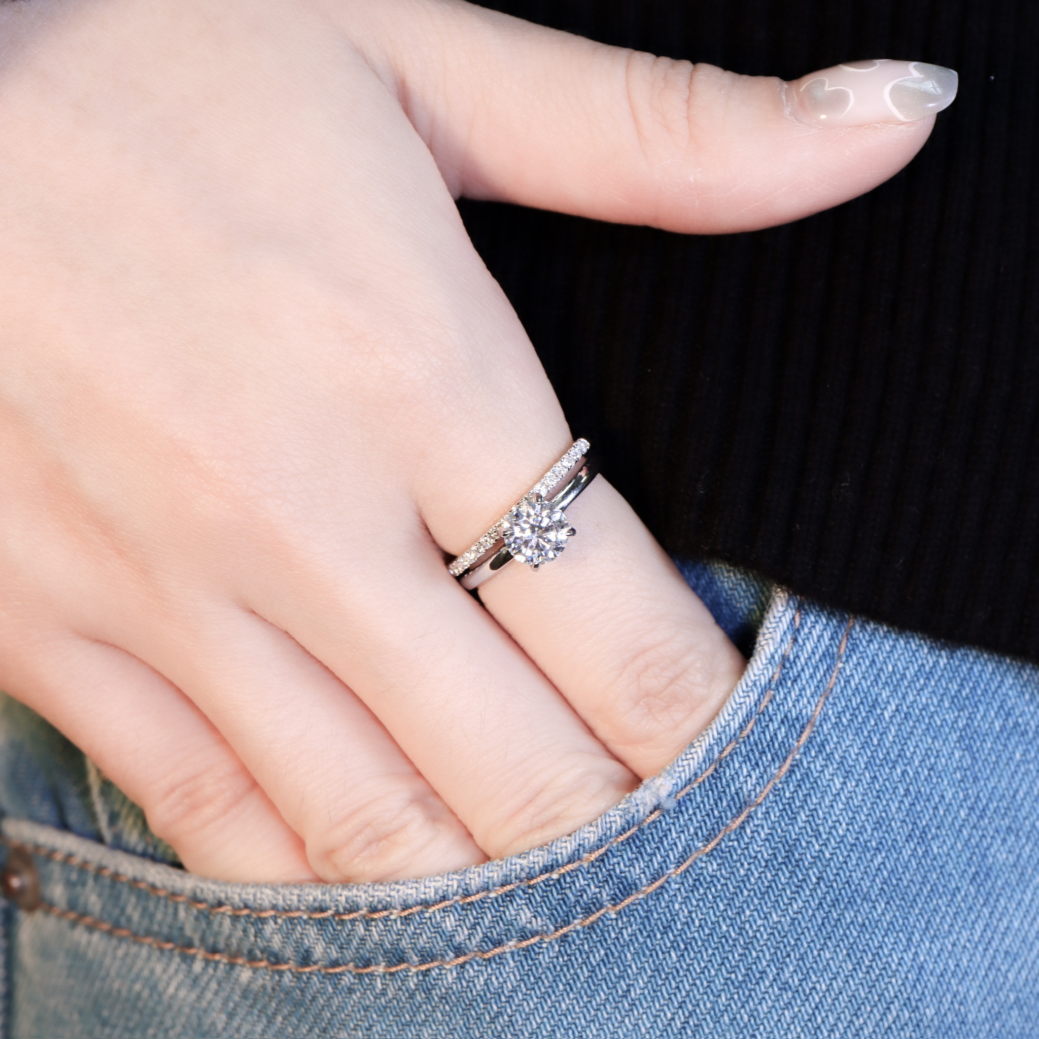 | 925純銀・厚鍍白金・莫桑石 | 鑽光一心一意戒指套組  | RI1062 |