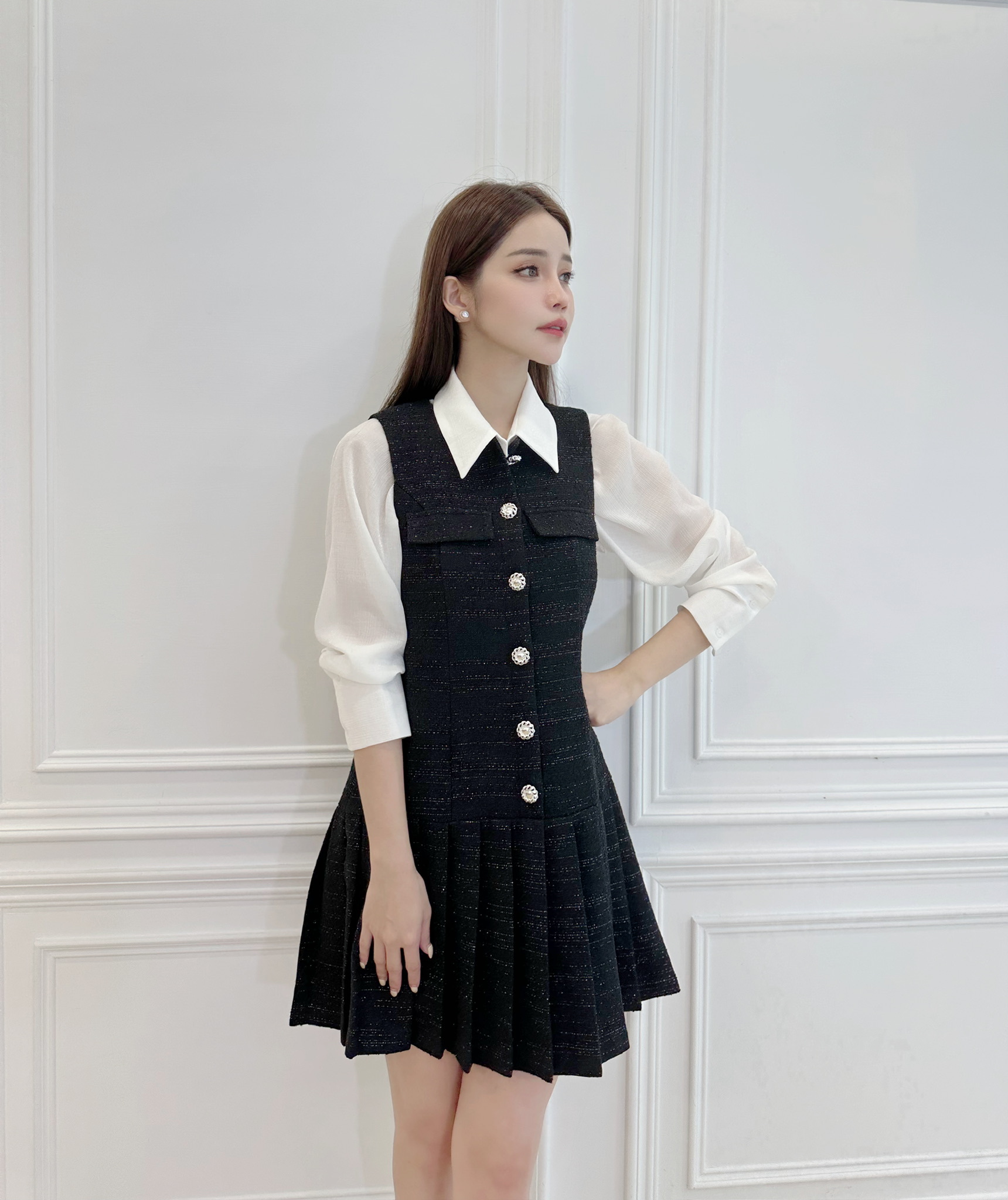 金蔥織紋珍珠釦百摺裙洋