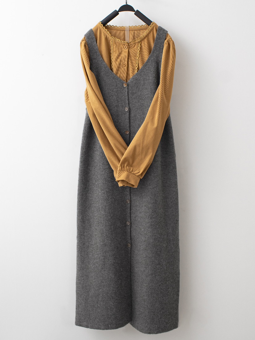 排釦吊帶針織背心洋裝織帶條絨長袖上衣