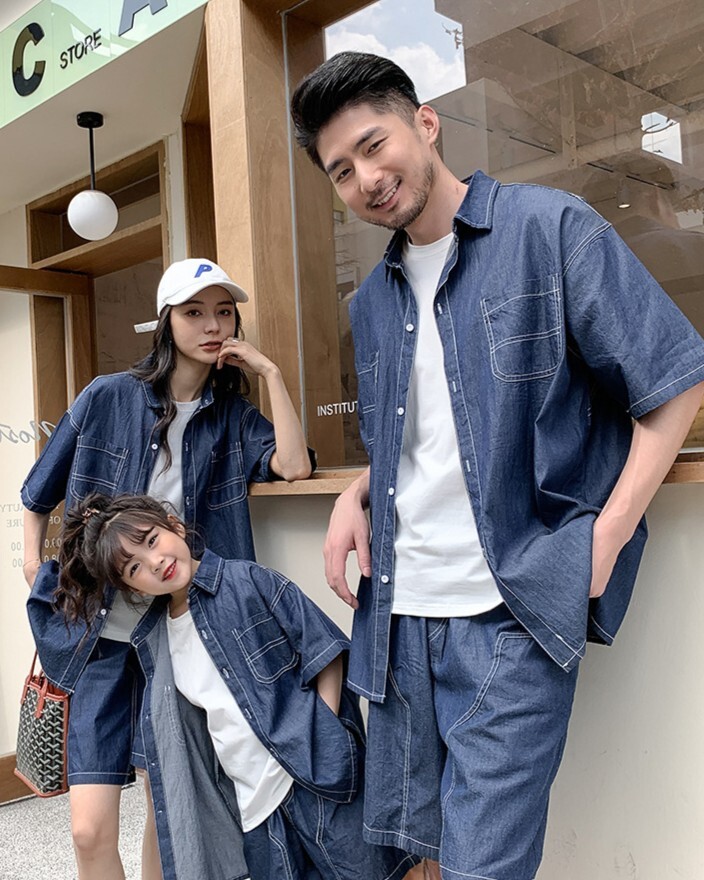 【H0412】Family｜休閒牛仔短袖套裝(80-3XL)