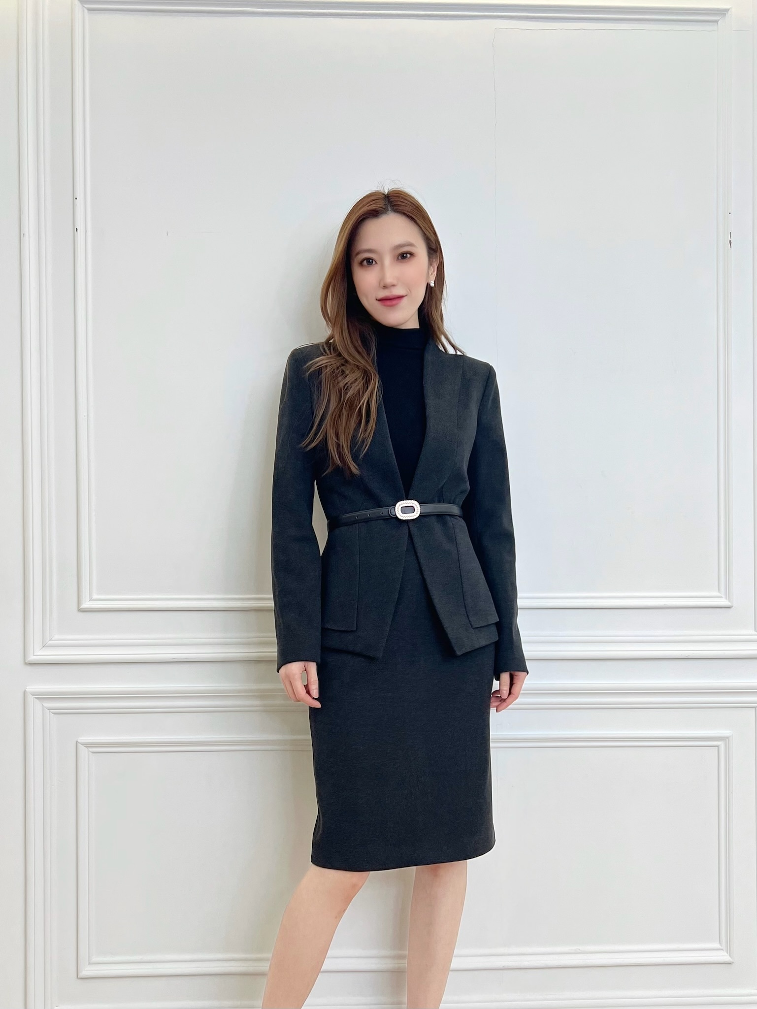 簡約無領雙層窄裙套裝