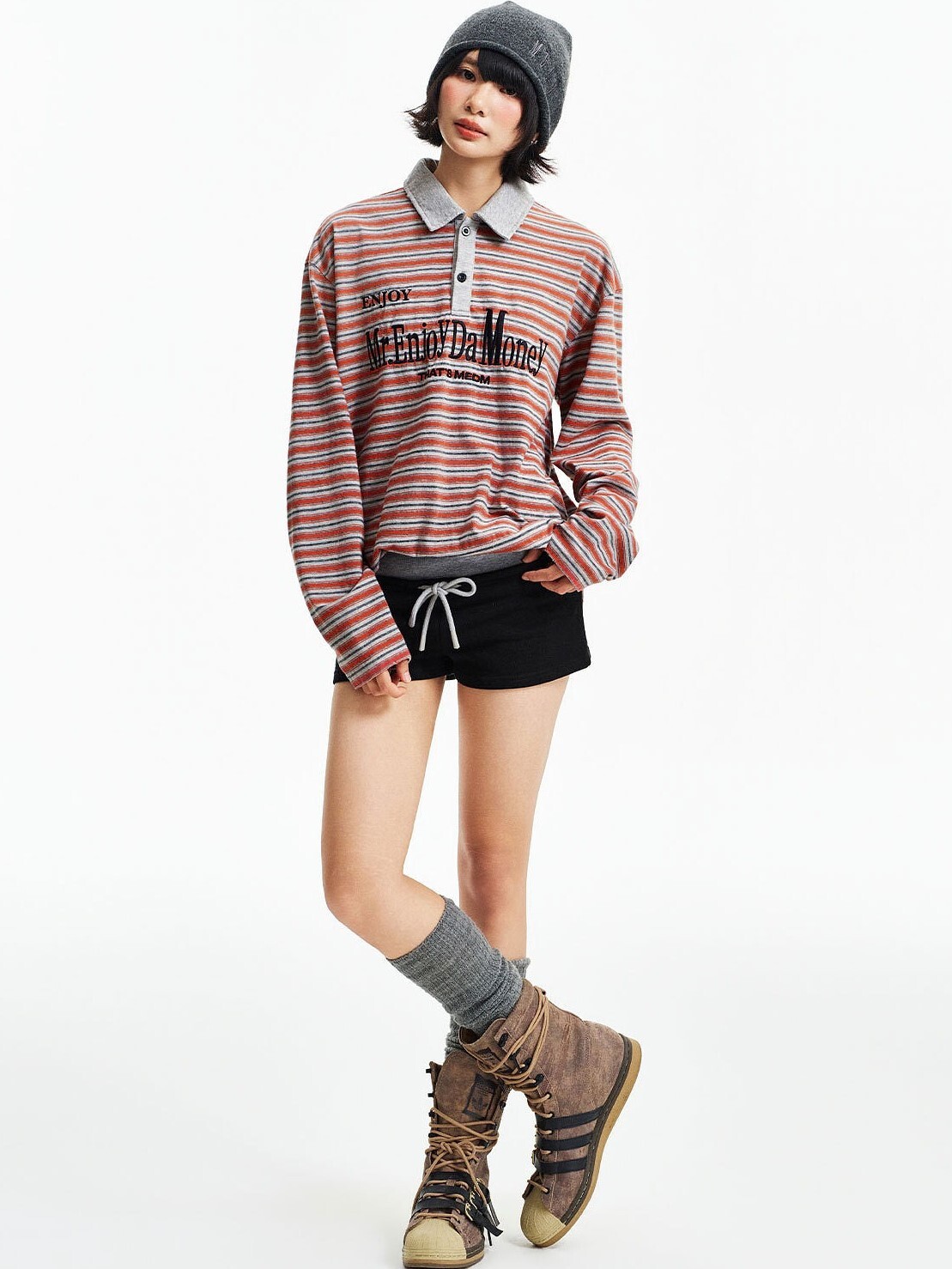 MEDM 復古做舊字母刺繡Logo 破洞做舊條紋 翻領polo長袖T