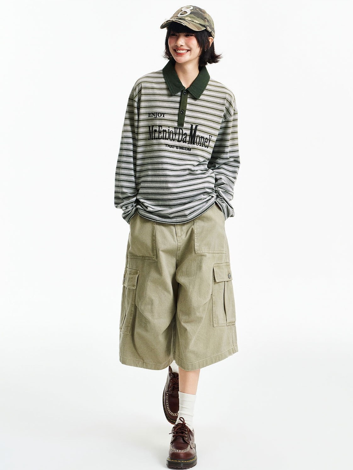 MEDM 復古做舊字母刺繡Logo 破洞做舊條紋 翻領polo長袖T