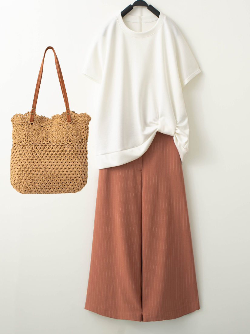 下擺扭結空氣棉短袖上衣條紋八分寬褲組合