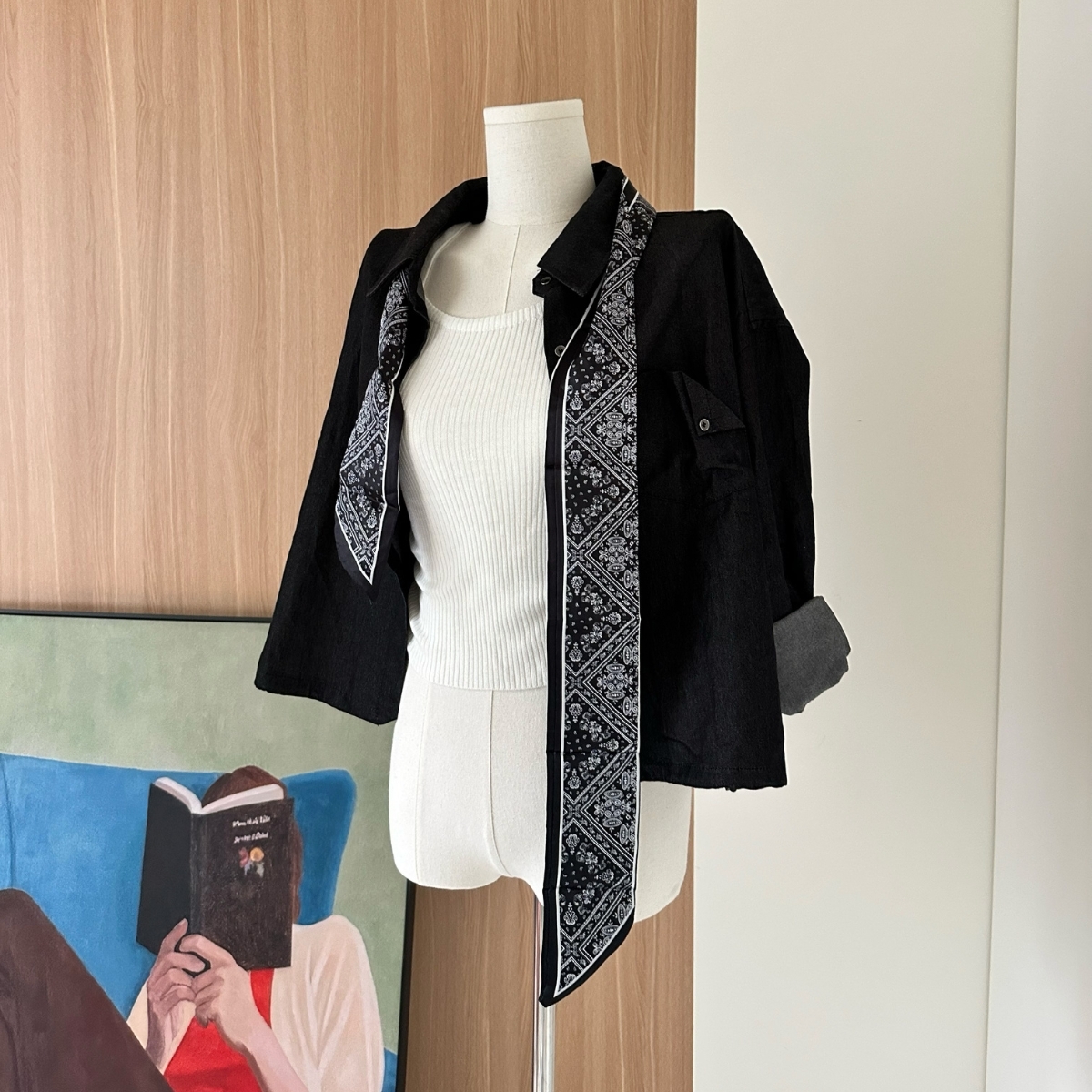 【高智感穿搭】DOMISS仿牛仔襯衫外套+絲巾+背心套裝 襯衫外套(現貨)