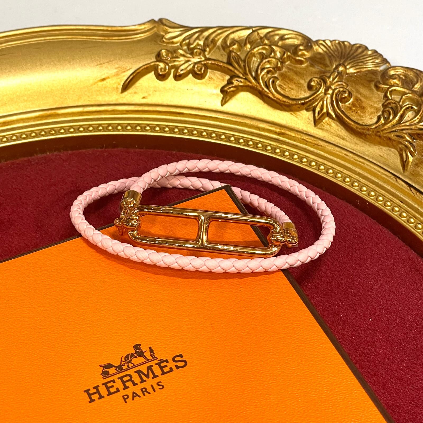 全新HERMES手繩/手帶 Roulis Double Tour bracelet T2 粉紅色織皮/玫瑰金 H071727F #BRAND NEW #香榭站正品