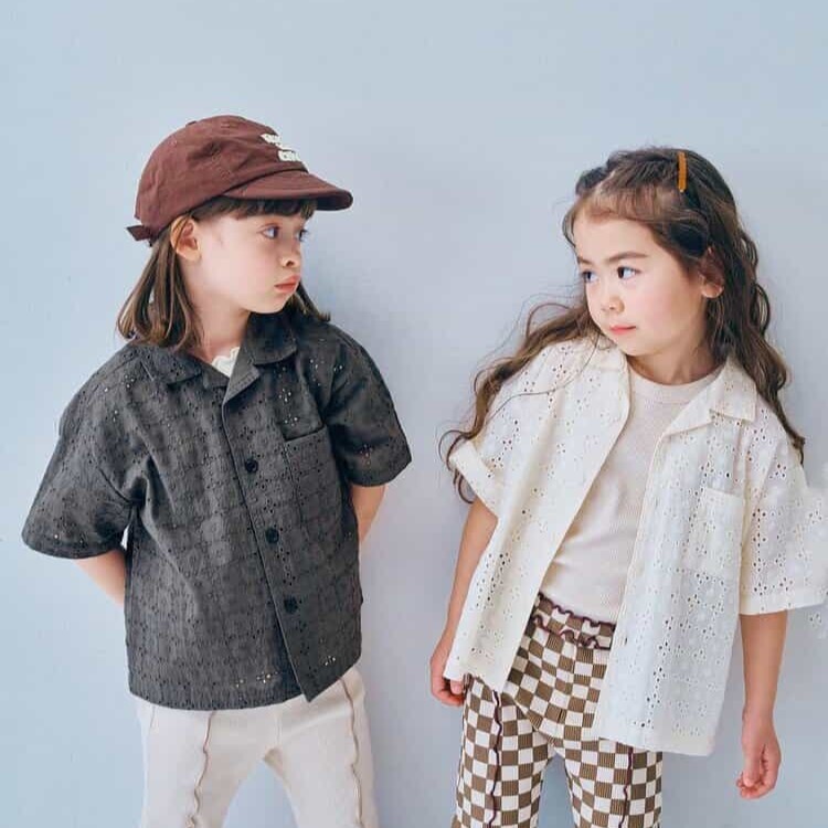 日本 90-140 鏤空蕾絲短袖襯衫 3色