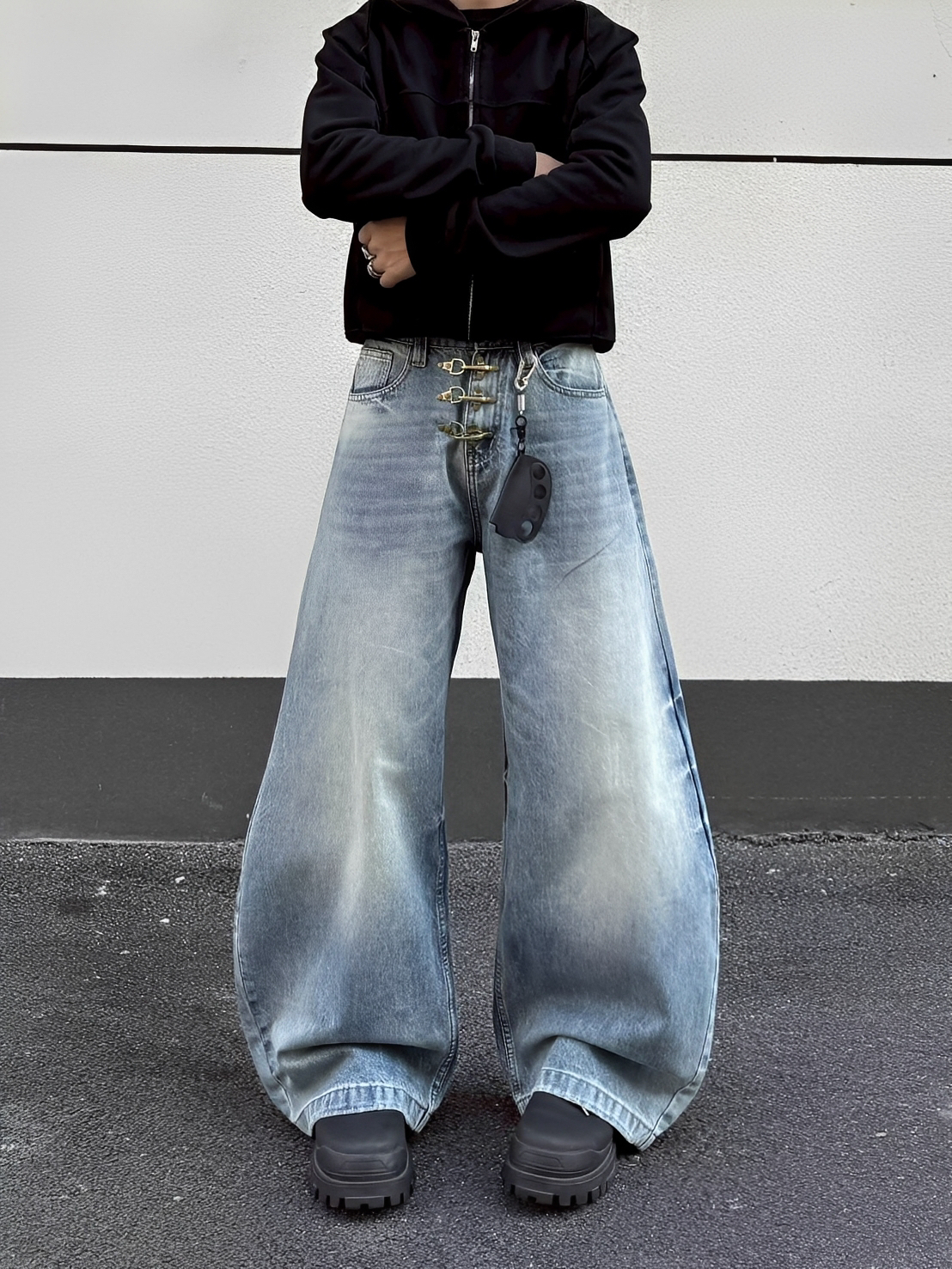 美式 Baggy 飛機扣 彎刀 牛仔 長褲 彎刀褲