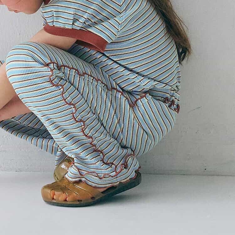 日本 90-140 紗線染條紋華夫格長褲 4色