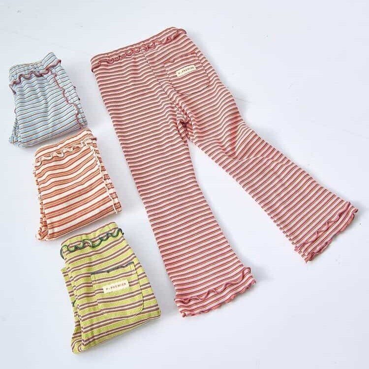 日本 90-140 紗線染條紋華夫格長褲 4色