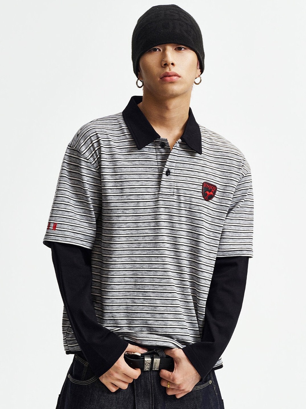 MEDM 條紋假兩件 字母小標刺繡 翻領長袖T