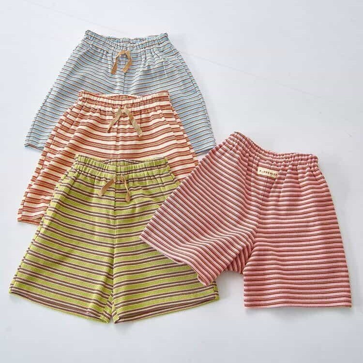 日本 90-140 紗線染條紋華夫格短褲 4色