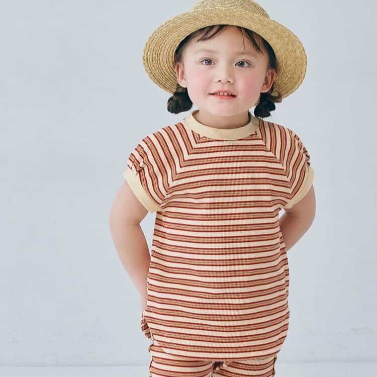 日本 90-140 紗線染條紋華夫格上衣 4色