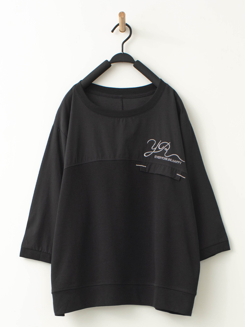 異材質拼接刺繡落肩七分袖上衣